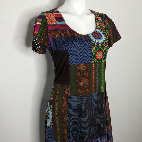 Desigual colorful patchwork pattern short sleeve dress L - Picture 4 of 9